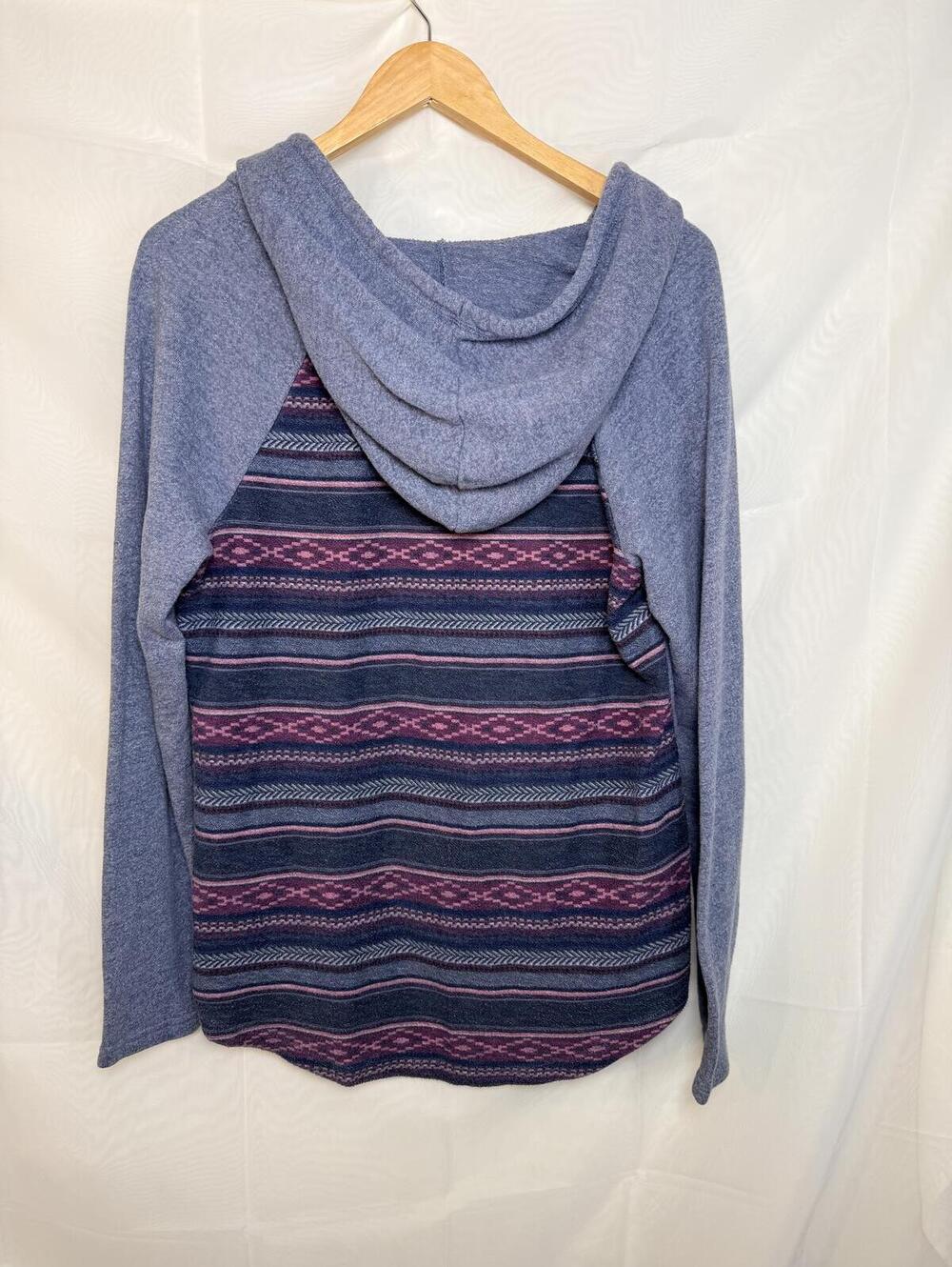 Roxy Hooded Pullover Top Blue Marl Knit Southwestern Back Panel